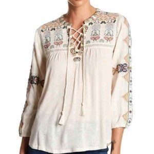 Lucky Brand Cream Blouse with Multicolor Embroidery